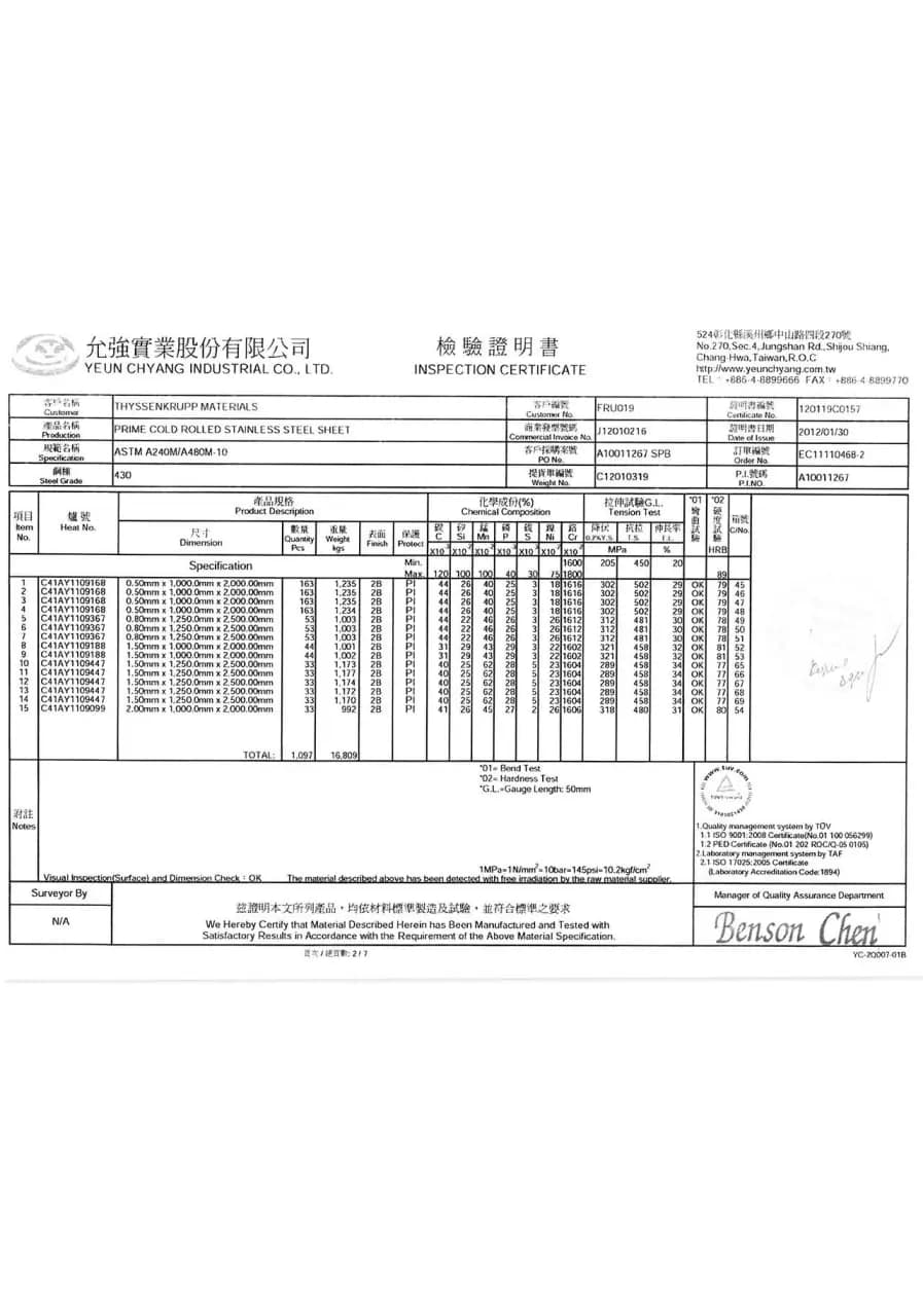 Превью документа «Yeun Chyang — AISI 430»
