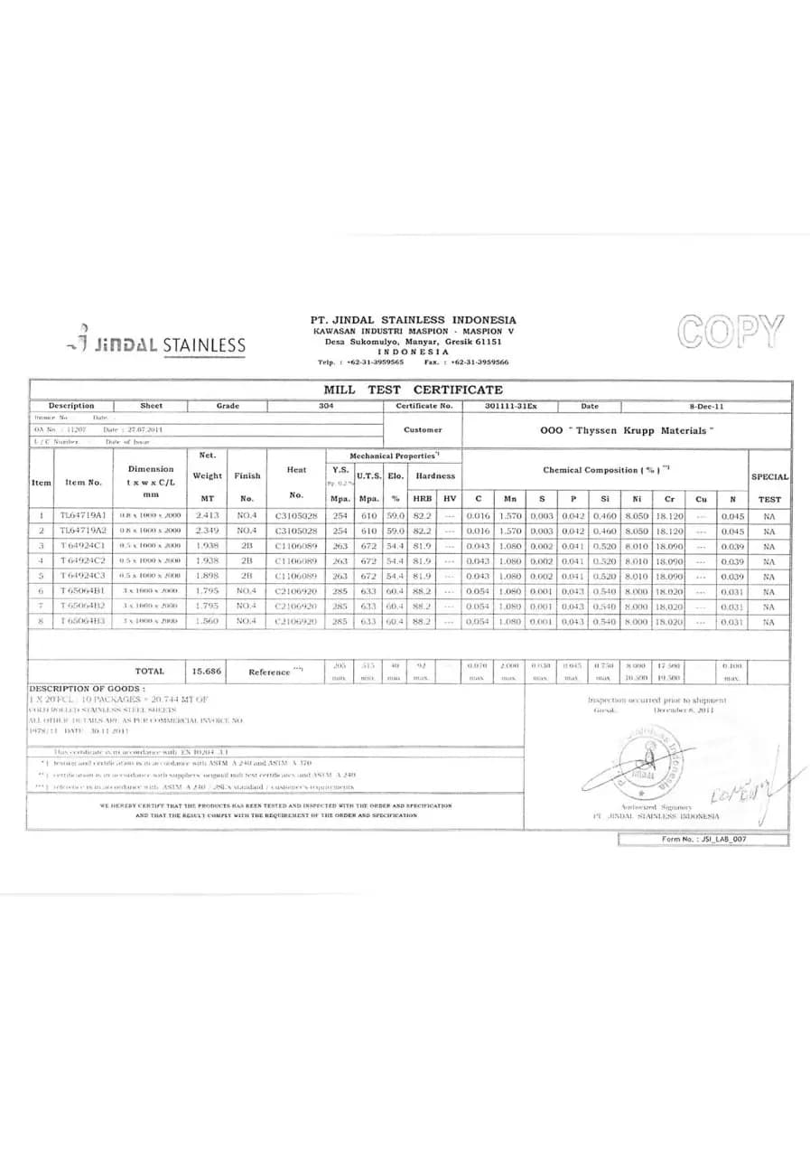 Превью документа «Jindal Stainless — AISI 304»